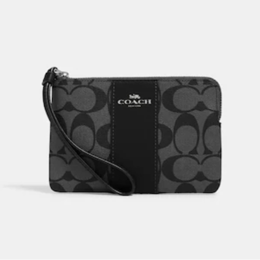 Coach Corner Zip Wristlet in Signature Canvas in Silver/Graphite/Black